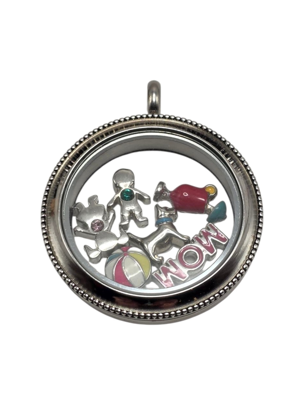 Origami Owl Locket Pendant Silver Tone Beaded Edge Mom Dog Children Family Charm